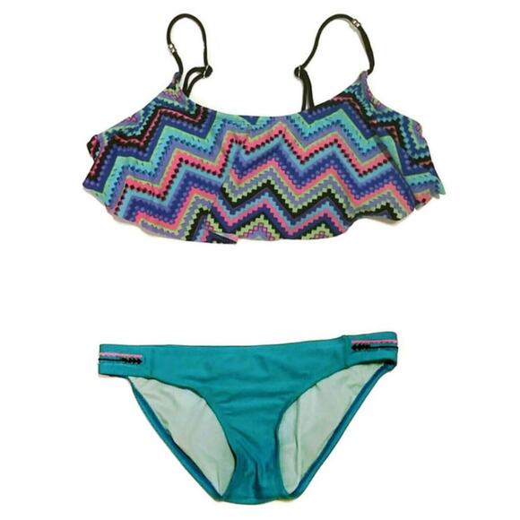 Xhilaration Other - XHILARATION Women's Blue Pink Zig Zag Flounce Bikini Top Aqua Bottom Lined Sz M